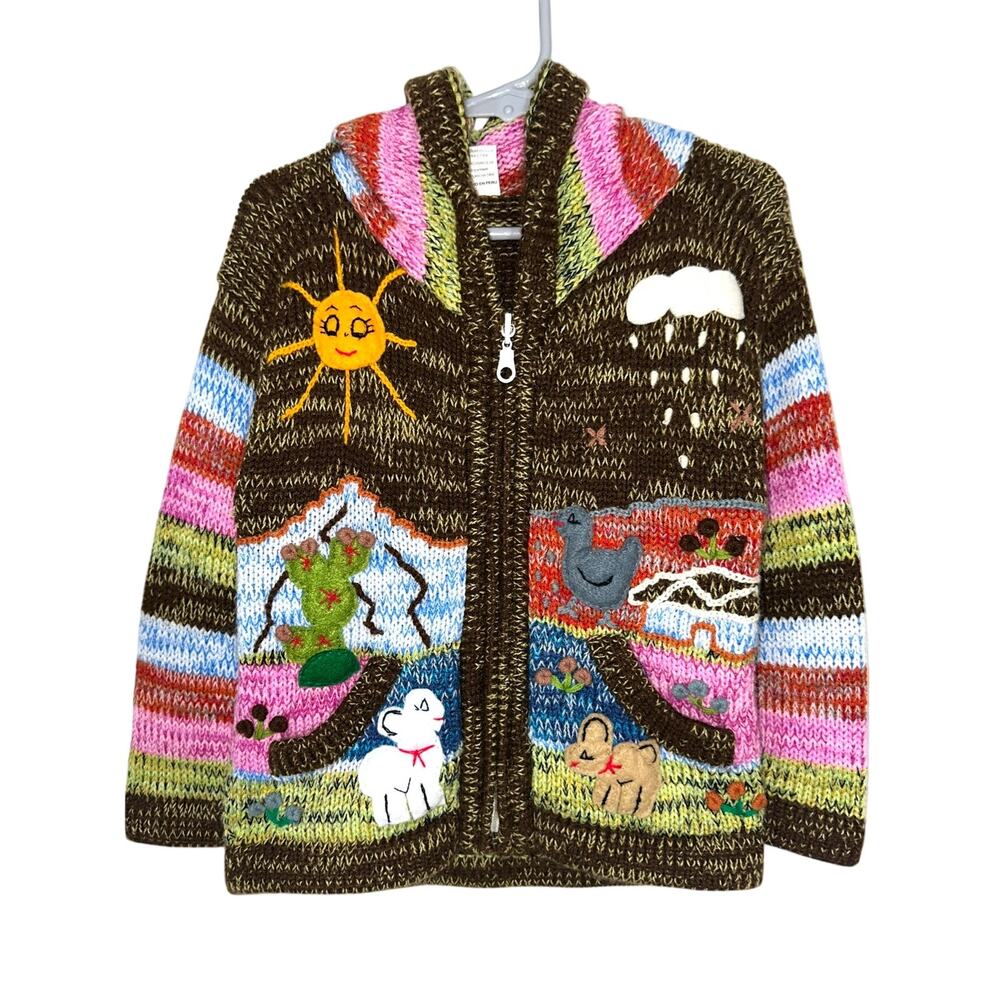 Peruvian Alpaca Wool Blend Kids Colorful Hooded Zip Sweater Jacket Size 2/3T
